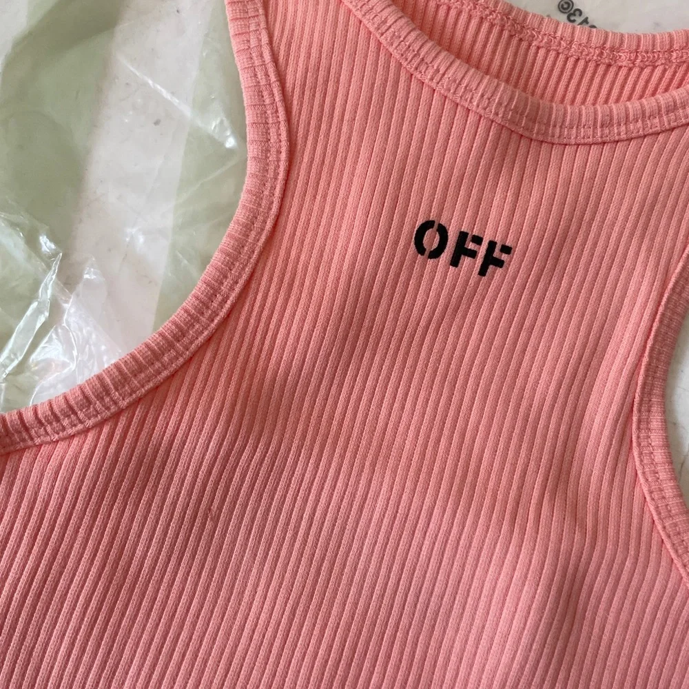 Off-White Ribbed Racerback Crop Top - Picture 2 of 7